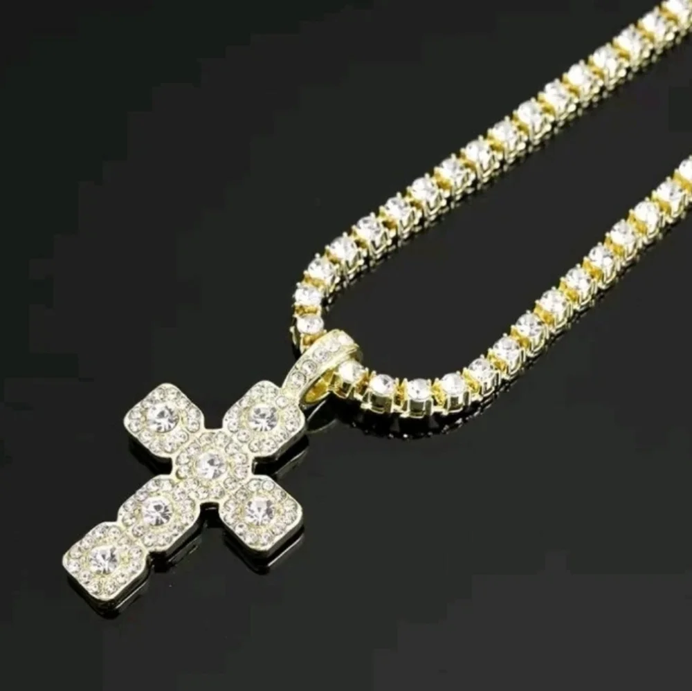 14k Yellow Gold Plated Lab Created Diamond Cross Pendant Tennis Necklace 18